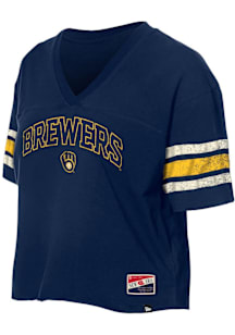 New Era Milwaukee Brewers Womens Navy Blue Raw Short Sleeve T-Shirt