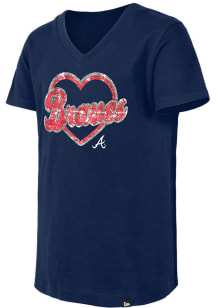 New Era Atlanta Braves Girls Navy Blue Wordmark Script Heart Flip Sequin Short Sleeve Fashion T-Sh..