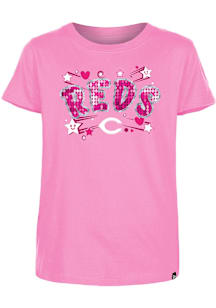 New Era Cincinnati Reds Girls Pink Hearts and Stars Flip Sequin Crop Short Sleeve Fashion T-Shirt
