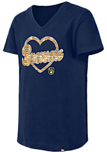 New Era Milwaukee Brewers Girls Navy Blue Wordmark Script Heart Flip Sequin Short Sleeve Fashion T..