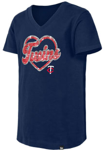 New Era Minnesota Twins Girls Navy Blue Wordmark Script Heart Flip Sequin Short Sleeve Fashion T-S..