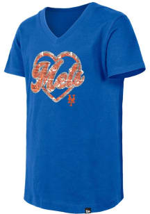 New Era New York Mets Girls Blue Wordmark Script Heart Flip Sequin Short Sleeve Fashion T-Shirt
