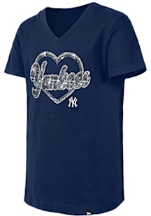 New Era New York Yankees Girls Navy Blue Wordmark Script Heart Flip Sequin Short Sleeve Fashion T-..