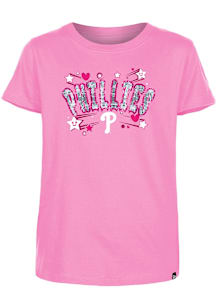 New Era Philadelphia Phillies Girls Pink Hearts and Stars Flip Sequin Crop Short Sleeve Fashion T-..