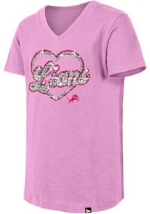 New Era Detroit Lions Girls Pink Wordmark Script Heart Flip Sequin Short Sleeve Fashion T-Shirt