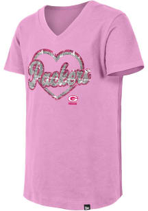 New Era Green Bay Packers Girls Pink Wordmark Script Heart Flip Sequin Short Sleeve Fashion T-Shir..