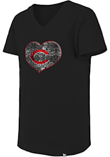 New Era Cincinnati Reds Girls Black Heart Flip Sequin Short Sleeve Fashion T-Shirt