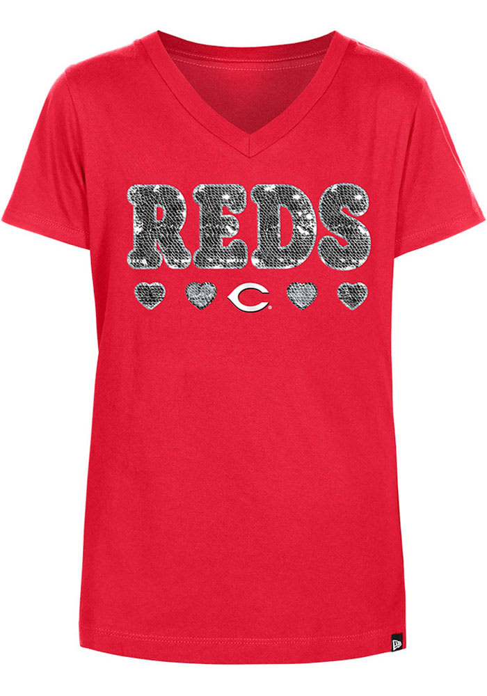 New Era Cincinnati Reds Girls Wordmark Hearts Flip Sequin Short Sleeve Fashion T-Shirt