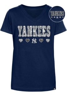 New Era New York Yankees Girls Navy Blue Wordmark Hearts Flip Sequin Short Sleeve Fashion T-Shir..