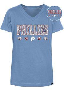 New Era Philadelphia Phillies Girls Light Blue Wordmark Hearts Flip Sequin Coop Short Sleeve Fashi..