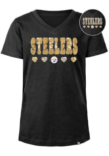 New Era Pittsburgh Steelers Girls Black Wordmark Hearts Flip Sequin Short Sleeve Fashion T-Shirt