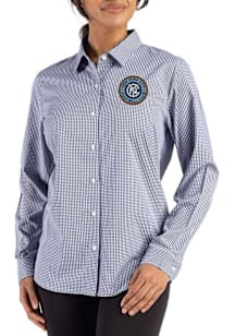Cutter and Buck New York City FC Womens Epic Confidence Gingham Long Sleeve Navy Blue Dress Shirt