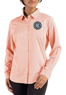 Cutter and Buck New York City FC Womens Epic Confidence Gingham Long Sleeve Orange Dress Shirt