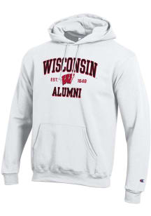 Mens Wisconsin Badgers White Champion Est Alumni Powerblend Hooded Sweatshirt