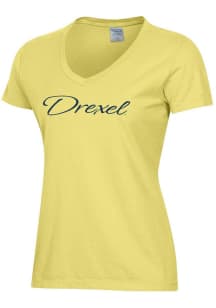 Womens Drexel Dragons Yellow ComfortWash Script Garment Dyed Short Sleeve T-Shirt