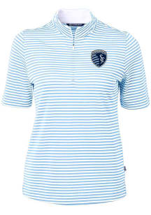 Cutter and Buck Sporting Kansas City Womens Light Blue Virtue Eco Pique Stripe Short Sleeve Polo S..
