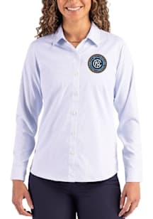 Cutter and Buck New York City FC Womens Epic Confidence Pinstripe Long Sleeve Light Blue Dress Shi..