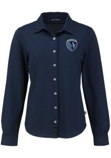Cutter and Buck Sporting Kansas City Womens Advantage Soft Pique Long Sleeve Navy Blue Dress Shirt