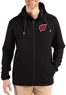 Mens Wisconsin Badgers Black Cutter and Buck Epic Comfort Full Zip Light Weight Jacket