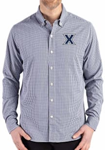 Cutter and Buck Xavier Musketeers Mens Navy Blue Gingham LS Woven Long Sleeve Dress Shirt