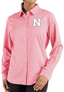 Cutter and Buck Nebraska Cornhuskers Womens Epic Confidence Gingham Long Sleeve Red Dress Shirt