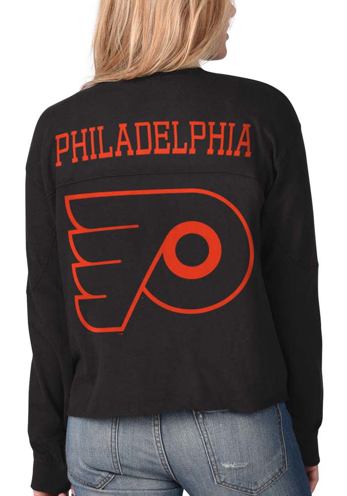 Philadelphia Flyers Womens Black Fight Song Cropped Crew LS Tee