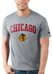 Starter Chicago Blackhawks Grey ARCH MASCOT Short Sleeve T Shirt