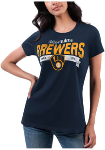 Milwaukee Brewers Womens Navy Blue Distressed Short Sleeve T-Shirt