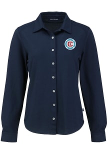 Cutter and Buck Chicago Fire Womens Advantage Soft Pique Long Sleeve Navy Blue Dress Shirt