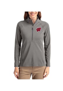 Womens Wisconsin Badgers Graphite Cutter and Buck Adapt Eco Qtr Zip Pullover