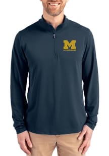 Mens Michigan Wolverines Blue Cutter and Buck Letterwinners M Club Virtue Eco Pique Qtr Zip