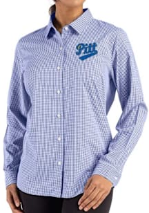 Womens Pitt Panthers Blue Cutter and Buck Vault Epic Confidence Gingham Long Sleeve Dress Shirt