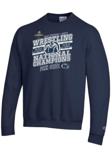 Mens Penn State Nittany Lions Navy Blue Champion 2025 Wrestling National Champions Powerblend Crew..