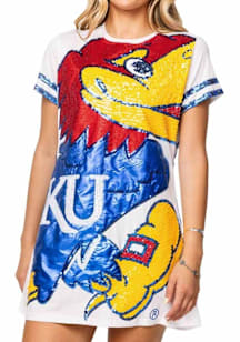 Queen of Sparkles Kansas Jayhawks Womens White Sequin Mascot Short Sleeve Dress