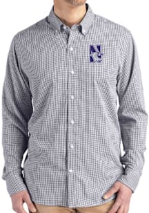 Mens Northwestern Wildcats Black Cutter and Buck Gingham LS Woven Long Sleeve Dress Shirt