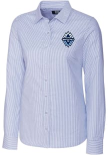 Cutter and Buck Vancouver Whitecaps FC Womens Stretch Oxford Stripe Long Sleeve Light Blue Dress S..