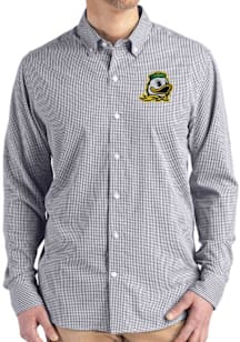 Mens Oregon Ducks Black Cutter and Buck Gingham LS Woven Long Sleeve Dress Shirt