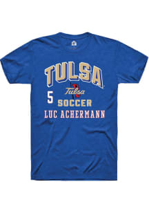 Luc Achermann Rally Mens Blue Tulsa Golden Hurricane NIL Arch Logo Player T Shirt