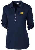 Michigan Wolverines Womens Cutter and Buck Thrive Dress Shirt - Navy Blue