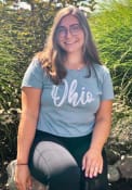 Ohio Women's Stonewash Denim Brush Script Wordmark Cropped Short Sleeve T-Shirt