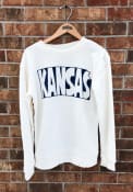Kansas Womens Oatmeal State Shape Wordmark Cozy Long Sleeve Crew Sweatshirt