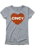Cincinnati Girls Glitter Orange Cheetah Heart T-Shirt - Grey