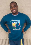 Michigan Color Block State Shape Crew Sweatshirt - Teal