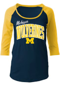 Michigan Wolverines Womens Athletic Raglan Gold Scoop Neck Tee